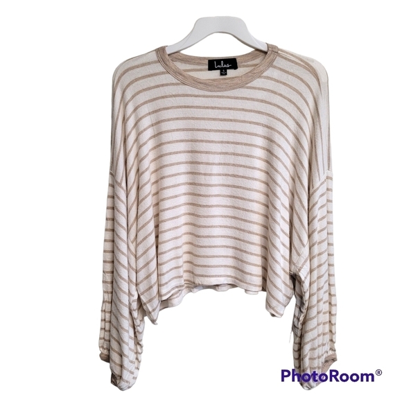 Lulus Oversized Boxy Camel Tan And Cream Striped Lounge Ballon Sleeve Top Small - Picture 1 of 9